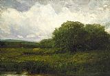 Edward Mitchell Bannister Wall Art - landscape with oxen and haycart crossing bridge